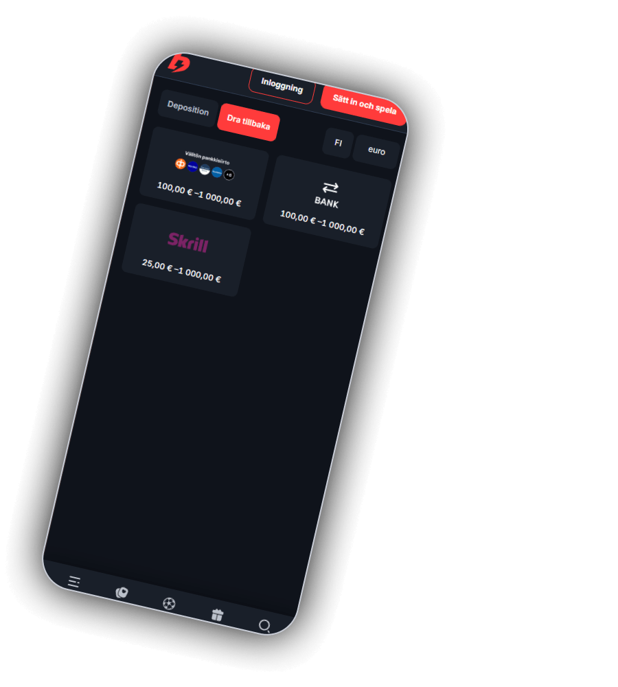 Fliken Dra tillbaka i BetBays kassa i mobilen med valen FI och euro och tre uttagsmetoder: direkt banköverföring med bankloggor från 100 till 1&nbsp;000 euro, BANK från 100 till 1&nbsp;000 euro och Skrill från 25 till 1&nbsp;000 euro
