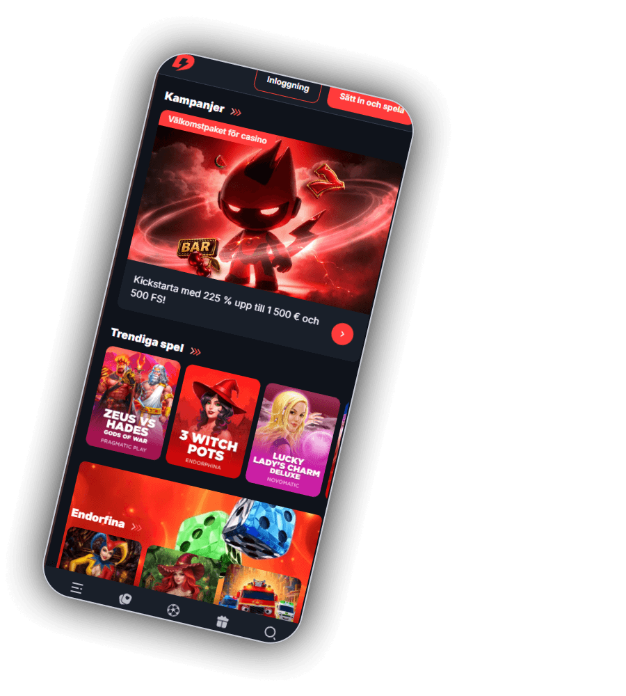 BetBay i mobilen: sektionen Kampanjer med kortet Välkomstpaket för casino, den röda maskoten med horn, texten Kickstarta med 225 % upp till 1&nbsp;500 euro och 500 FS, raden Trendiga spel med Zeus vs Hades, 3 Witch Pots och Lucky Lady's Charm Deluxe samt Endorphina-raden längst ner