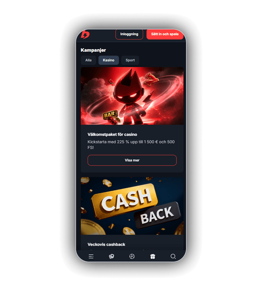 Kampanjsidan hos BetBay i mobilen med filtren Alla, Kasino och Sport, kortet Välkomstpaket för casino med den röda maskoten och texten Kickstarta med 225 % upp till 1&nbsp;500 euro och 500 FS, knappen Visa mer och under det kortet Veckovis cashback med en guldfärgad cashback-skylt