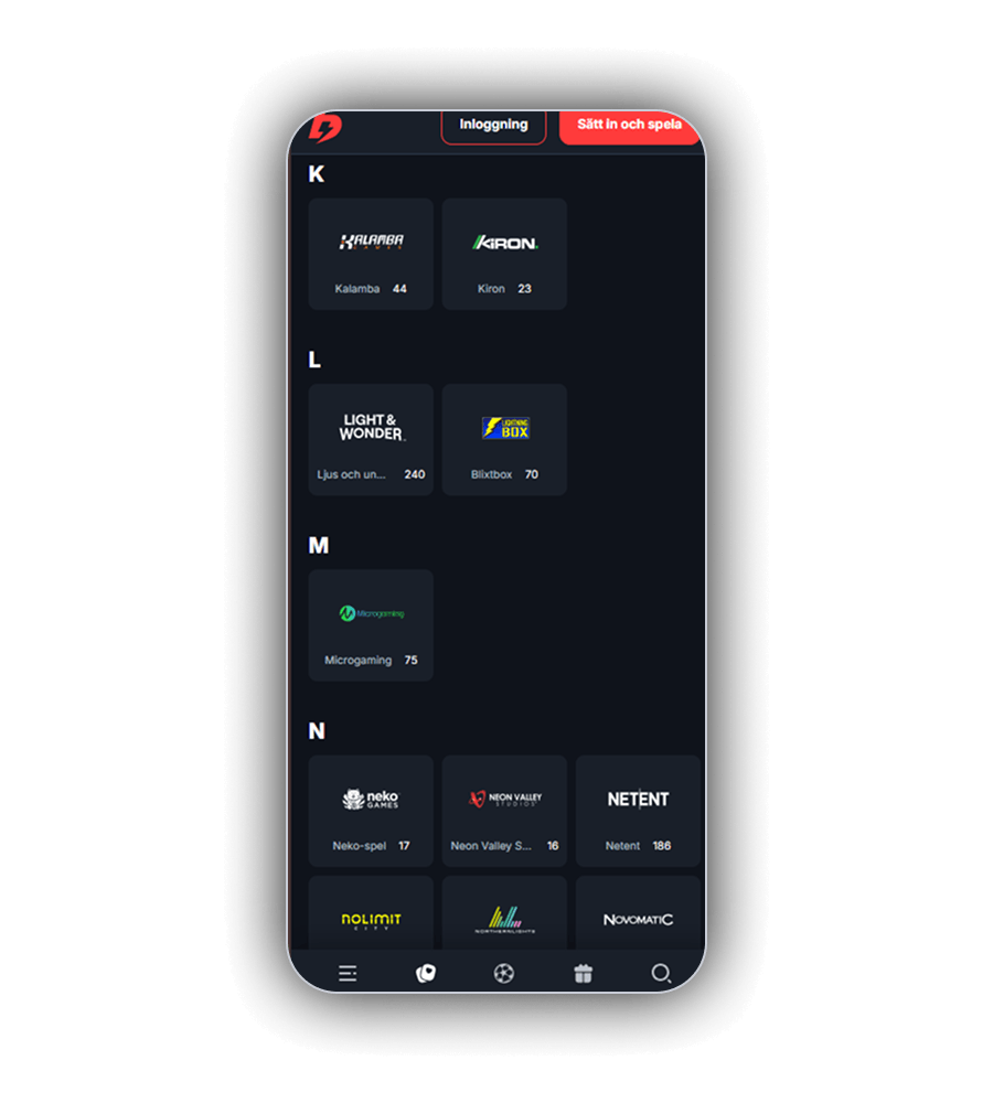 BetBays leverantörslista i mobilen sorterad i bokstavsordning: under K Kalamba med 44 spel och Kiron med 23, under L Light and Wonder med 240 och Lightning Box med 70, under M Microgaming med 75 och under N Neko Games med 17, Neon Valley Studios med 16, NetEnt med 186 samt Nolimit City, Northern Lights och Novomatic