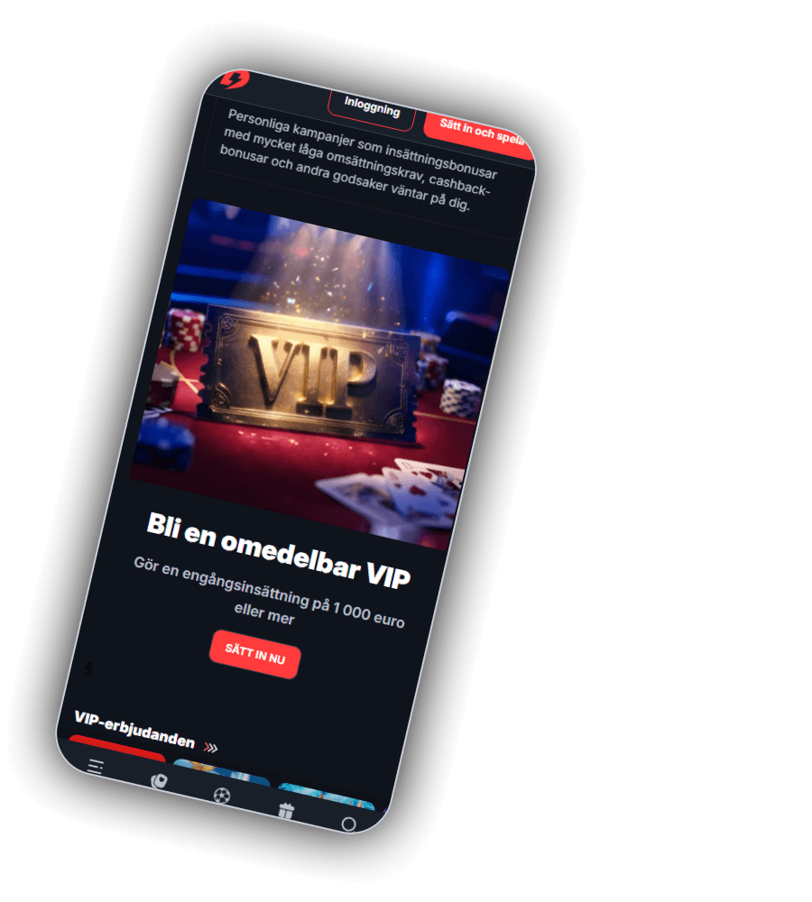 VIP-sidan hos BetBay i mobilen med texten om personliga kampanjer med låga omsättningskrav och cashback-bonusar, en guldfärgad VIP-biljett på ett rött speltbord med marker och kort, rubriken Bli en omedelbar VIP, texten Gör en engångsinsättning på 1&nbsp;000 euro eller mer och knappen Sätt in nu